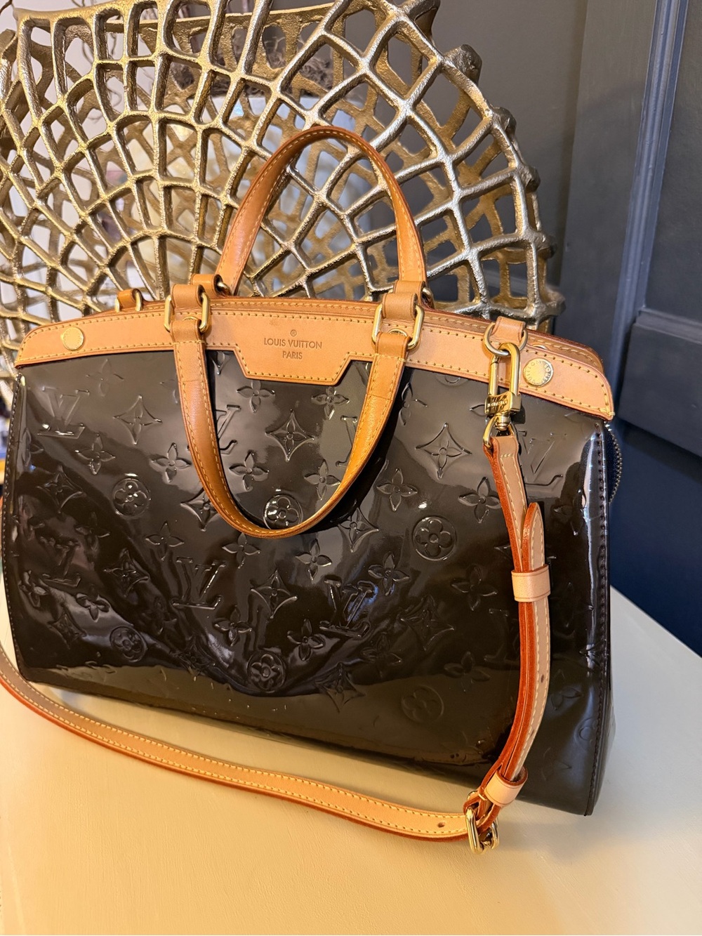 Authentic Louis Vuitton Brea MM Monogram Vernis Patent Leather Dark Olive/Brown